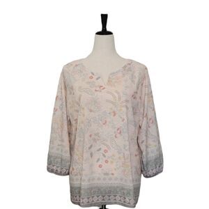 Christopher & Banks Peach Floral Pasley 3/4 Sleeve Split Neck Blouse Size XLP